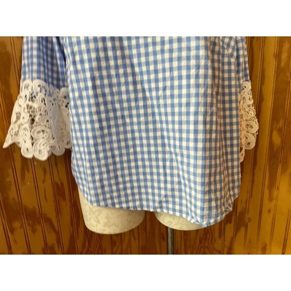Liz Claiborne Career Blouse Pullover Top Keyhole Blue Checkered Cotton Sz M - Picture 5 of 8